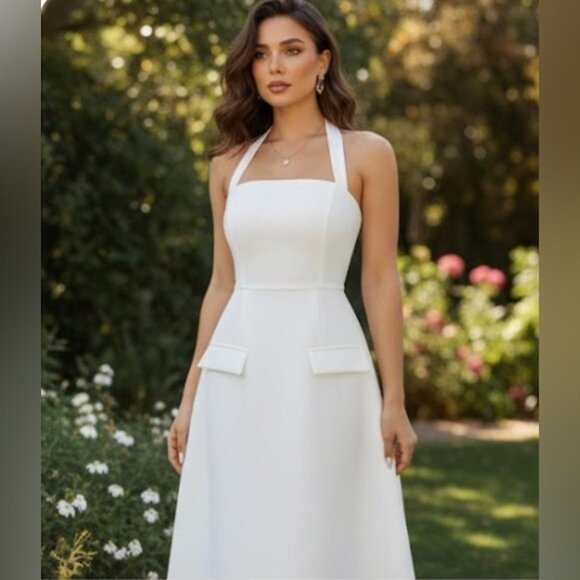 Elegant Waist A-Line Halter Neck Dress White - Picture 3 of 6